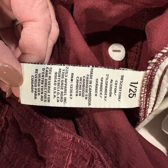 Celebrity Pink Wide Leg Burgandy Corderoy Pants Women's Size 1 Or 25 - Picture 9 of 10